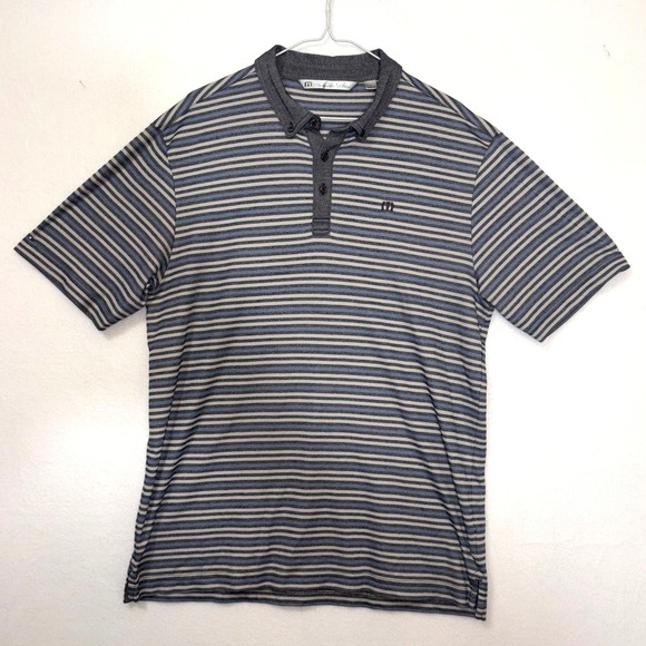 Travis Mathews Golf Polo Gray Blue Striped Men's Large Denim Collar Pima Cotton - Picture 2 of 6